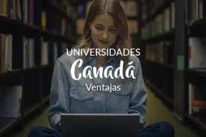 Mujer jóven estudiando en su computador enuna biblioteca en Canada