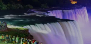 Personas observado las Cataratas del Niagara en la noche, iluminadas con colores morados