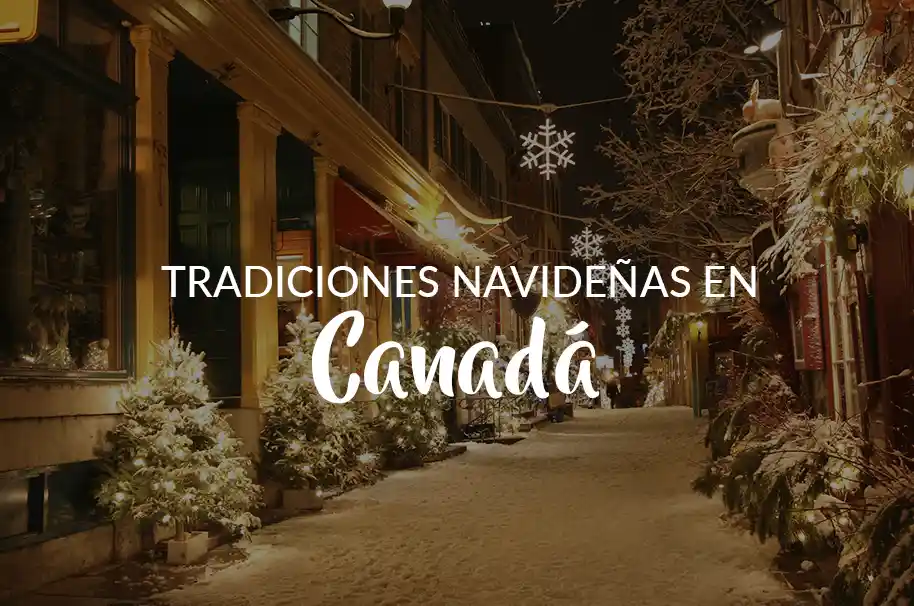 Callejón en Cnadá lleno de nieve y luces navideñas. Texto sobre imagen: Tradiciones navideñas en Canada