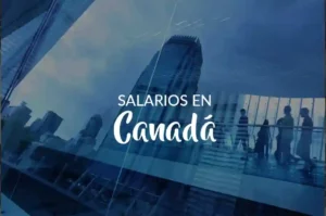 Reflejo de edificio moderno de oficinas en canada. Texto sobre imagen: Salarios en Canadá
