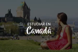 Niña sentada con el castillo de Quebec al fondo. Texto sobre imagen: Estudiar en Canadá